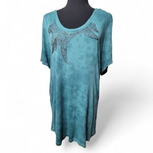 Calvin Klein Beaded Top XL Women's Teal Plus Size Tie-Dye Acid Wash Boho Artsy